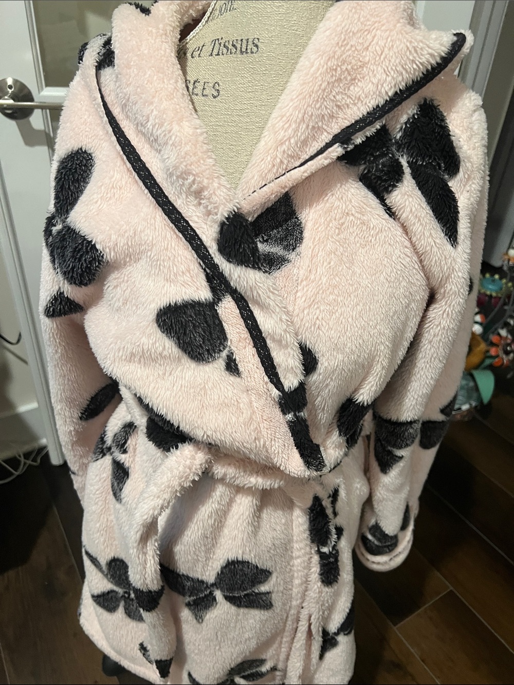 Betsy Johnson Plush Pink and Black Bow Print Robe